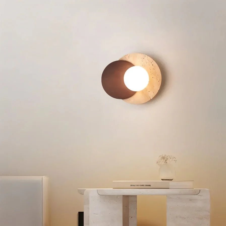 Japandi Slab Travertine Wall Lamp With Brass Base – Teus - Japandi