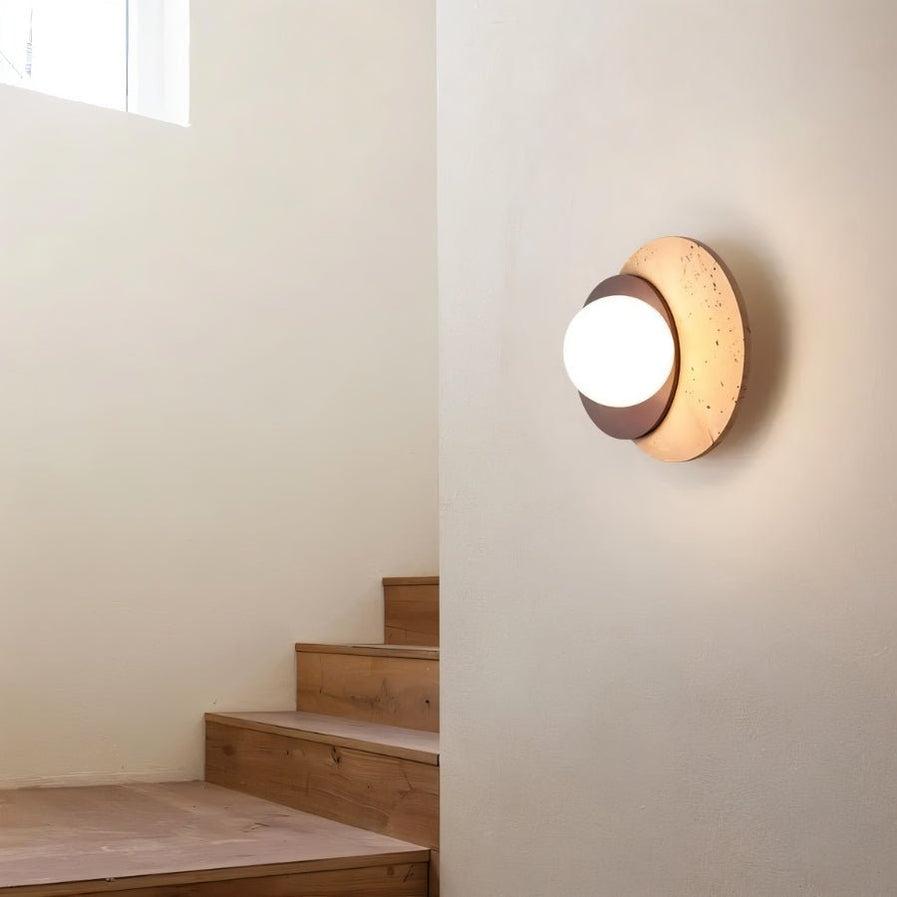Japandi Slab Travertine Wall Lamp With Brass Base – Teus - Japandi