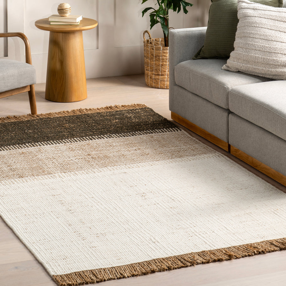 Japandi Rust Striped Fringed Rug - Japandi